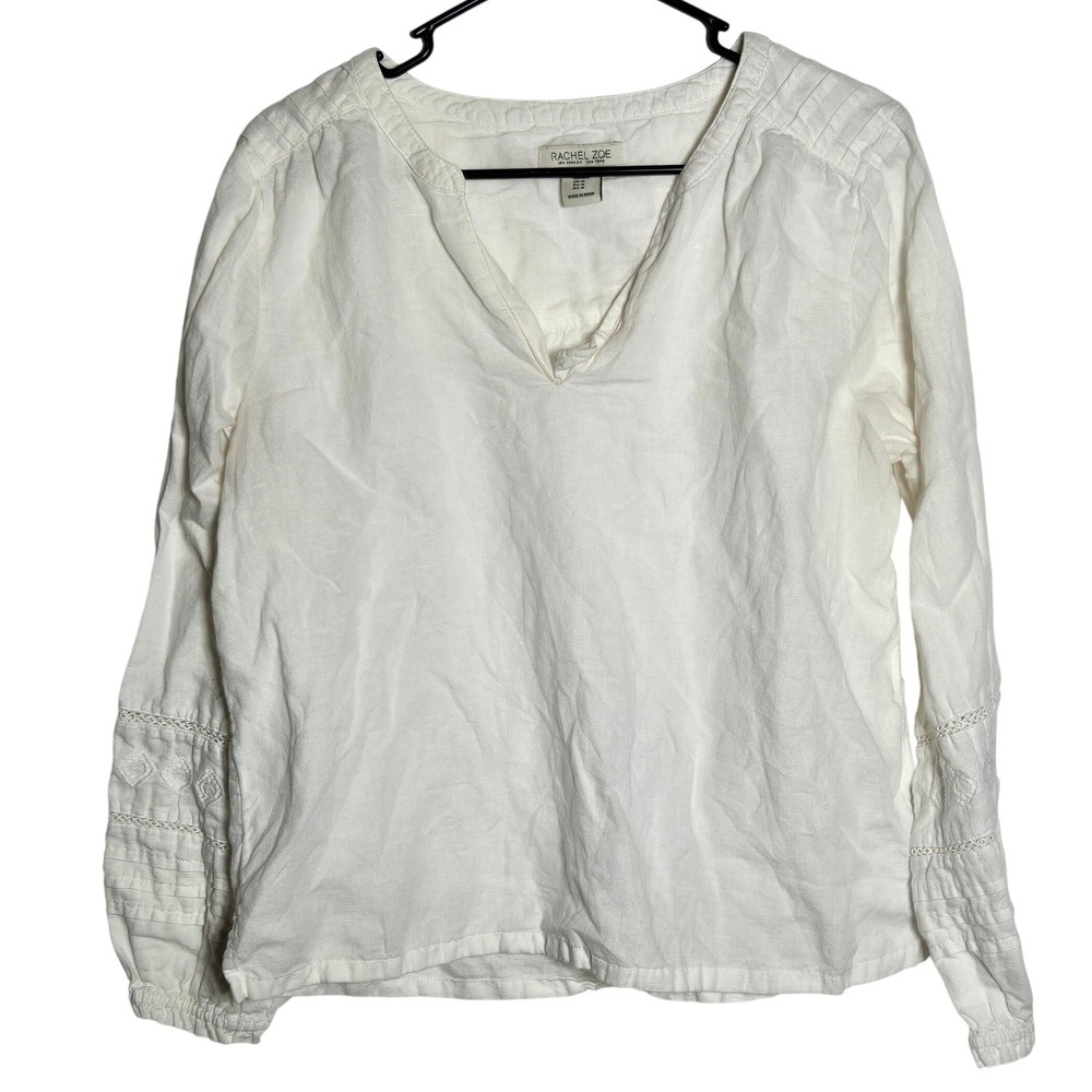 Rachel Zoe White Linen Blend Peasant Top Medium Boho Coastal Ethereal Romantic